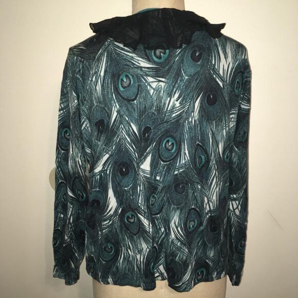Anne Klein Peacock Print Silk-Cotton-Nylon Ruffle Neck Cardigan Sweater 0X NWT - Picture 3 of 10